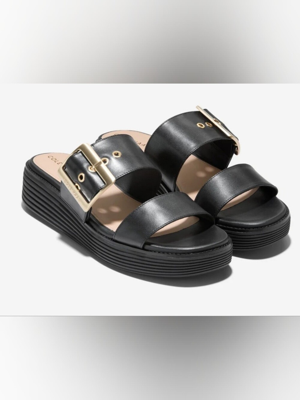 Cole Haan Black Leather Platform Sliders Double-Strap Buckle . Sz. 10B Like New.